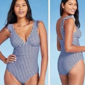 Kona Sol One Piece Swimsuit Blue and White Gingham Ruffle L